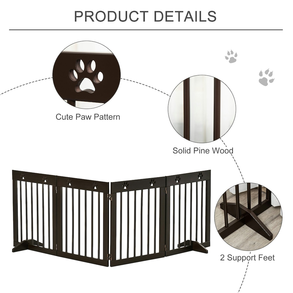 image 1 of PawHut Pet Gate 4 Panel Wooden Dog Barrier Folding Fence w/ Support Feet