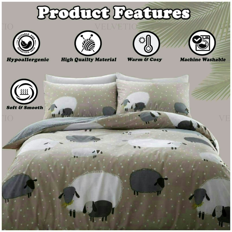 image 1 of VELVETIO Sheep Duvet Cover Set Reversible Polycotton Easy Care Beddings Brown | Natural | Single
