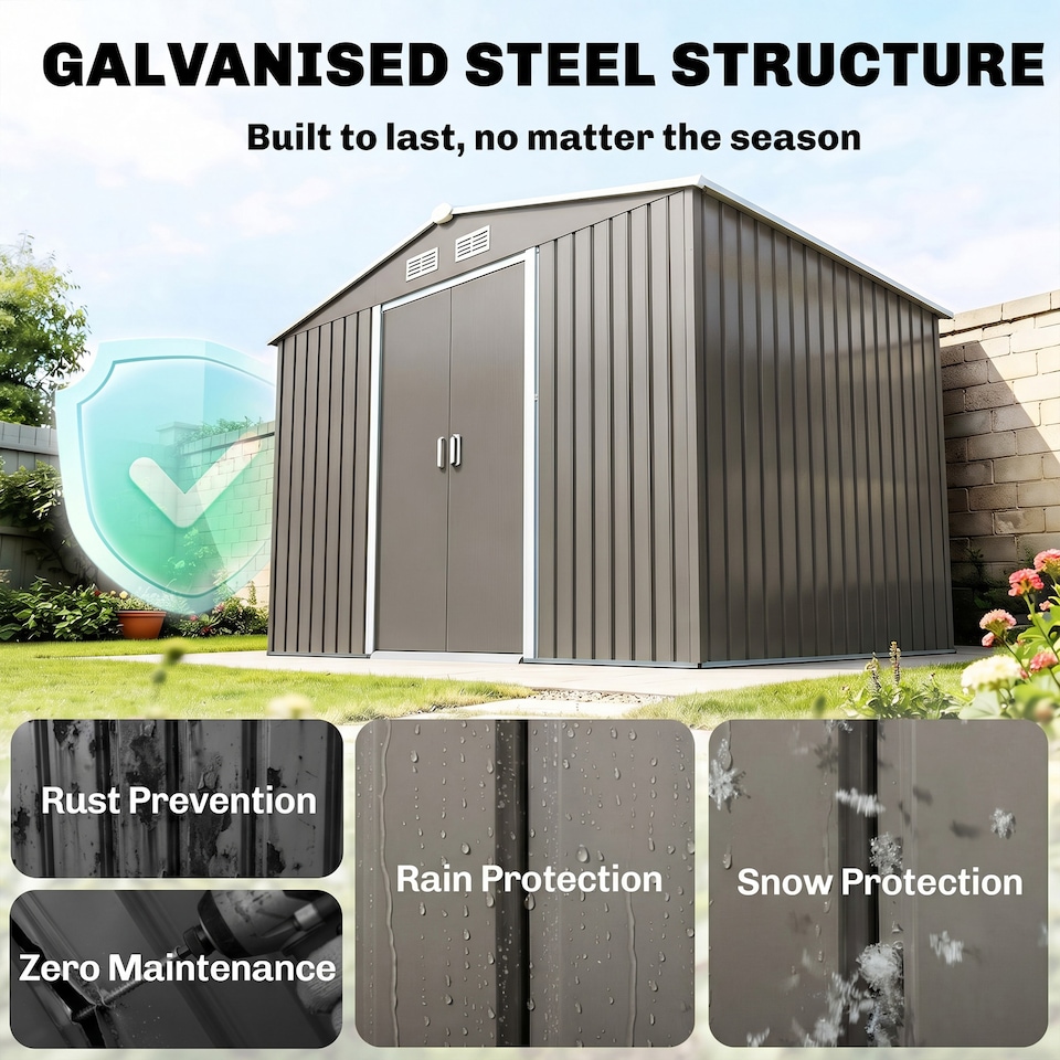 image 1 of Outsunny 9 x 6FT Galvanised Garden Storage Shed with Sliding Door, Grey | Grey