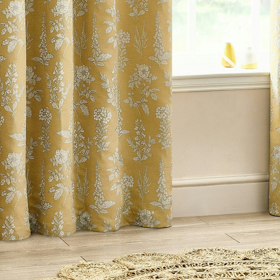 image 1 of Wylder Floral Jacquard Gold Eyelet Curtains 229 x 137cm
