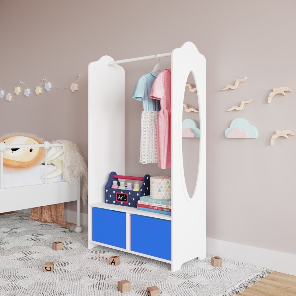 image 1 of Kids MDF Wooden Hanging Clothes Rail Wardrobe Storage Shelves with Inserts Mirror | Blue | Dark Blue