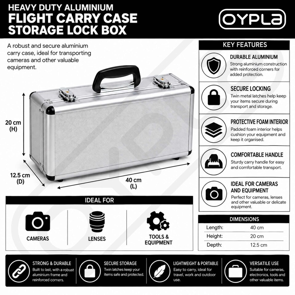 image 1 of Heavy Duty Aluminium Flight Carry Case Storage Lock Box Camera - 40x20x12.5cm | Silver | 1