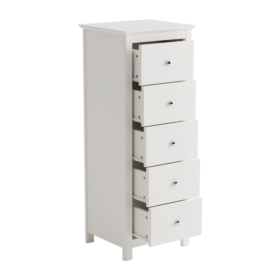 image 1 of Nairn White 5 Drawer Narrow Chest of Drawers - White Painted Wood Bedroom Storage with Polished Steel Handles