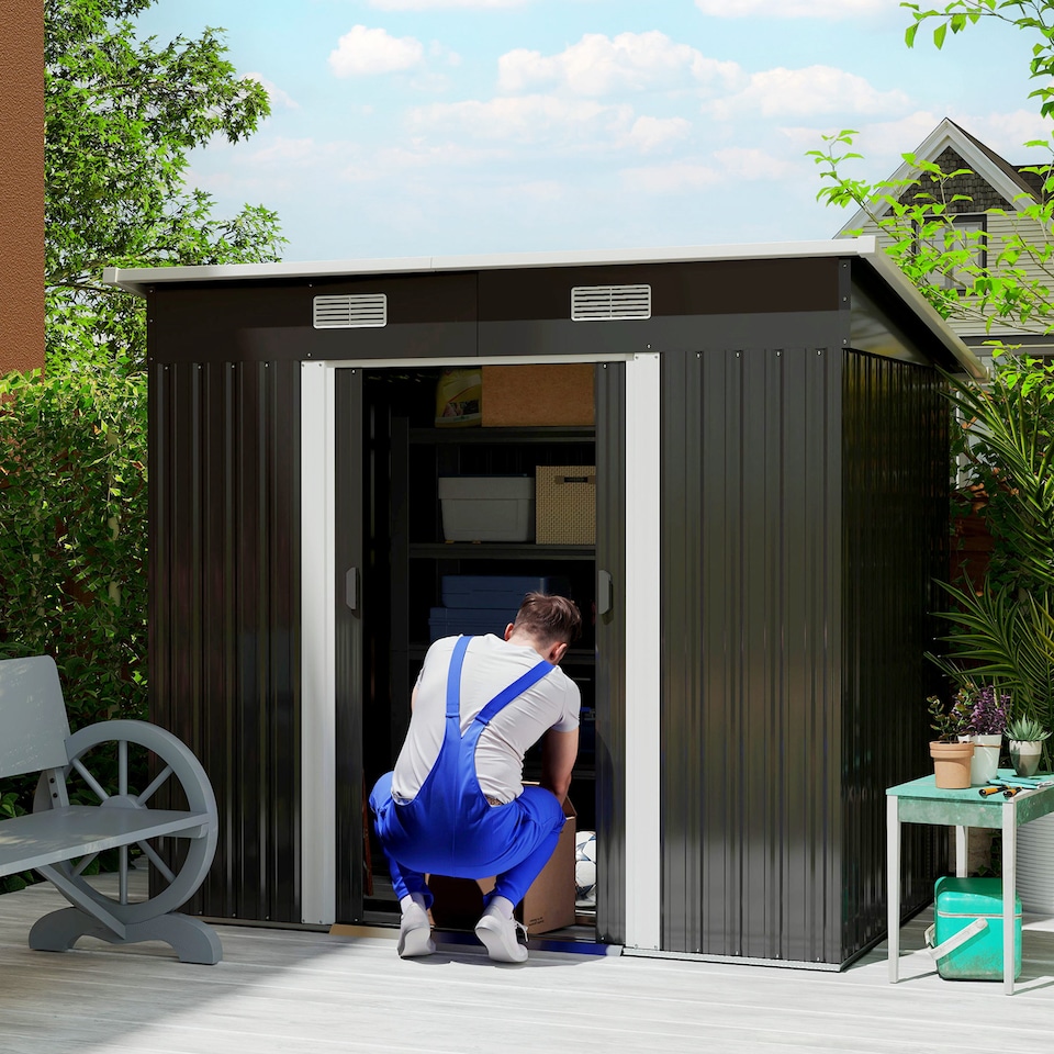 image 1 of Outsunny 7 x 4ft Outdoor Storage Shed, Lean to Metal Garden Shed with Foundation Kit for Log, Rubbish Bin, Tool, Lawnmower, Bike, Black
