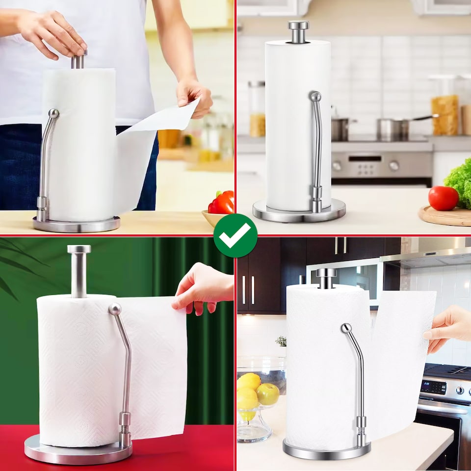 image 1 of SPARES2GO Kitchen Roll Holder Weighted Base Stainless Steel Paper Towel Stand with Spring Tension Arm (Silver)