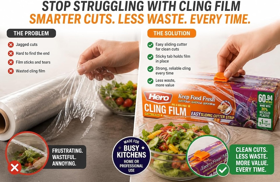 image 1 of Hero Cling Film 60m x 30cm with Easy Sliding Cutter – Kitchen & Catering Cling Film Dispenser | PVC & BPA Free Food Wrap