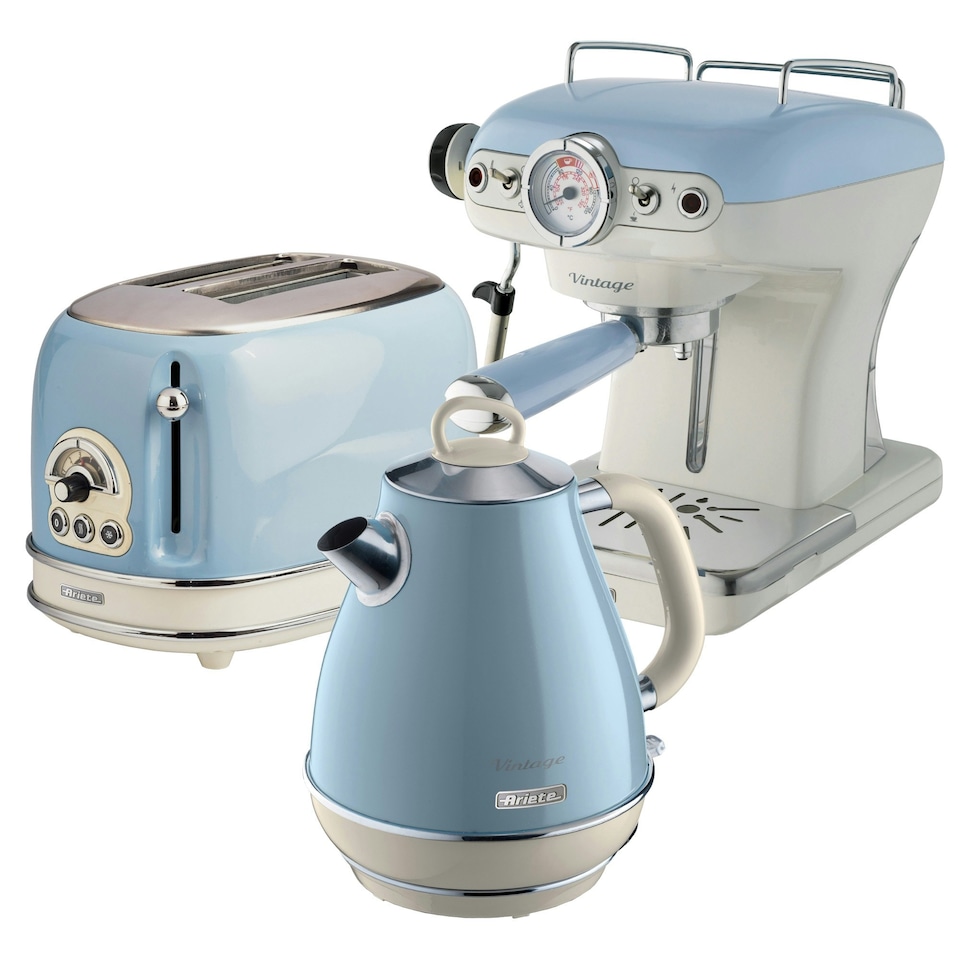 image 1 of Ariete ARPK6 Vintage Retro Jug Kettle, Toaster & Espresso Coffee Machine Set, Blue