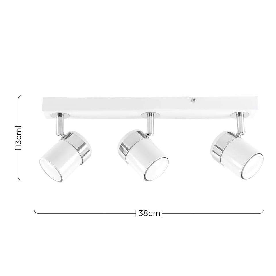 image 1 of ValueLights 3 Way Gloss White and Polished Chrome Straight Bar Ceiling Spotlight - with 3 x 5W Cool White GU10 LED Bulbs | White