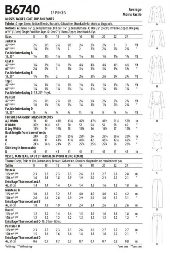 image 1 of Butterick 6740 Paper Sewing Pattern – Women’s Jackets, Coats, Tops & Trousers, Size B5 (8–10–12–14–16), Intermediate