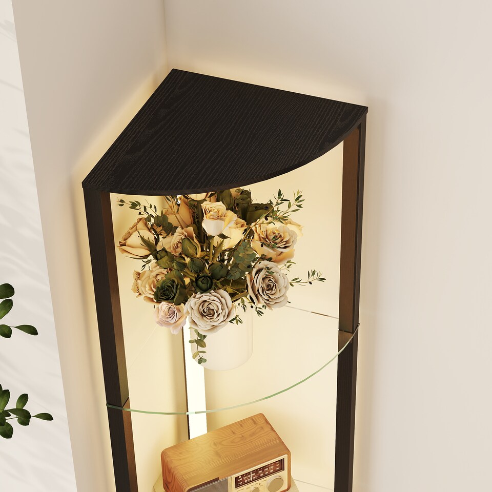 image 1 of HOMCOM LED Floor Lamp with Shelves, Dimmable Standing Lamp with 3 Brightness Levels and Foot Switch, Modern Corner Floor Lamp for Living Room, Bedroom, Black