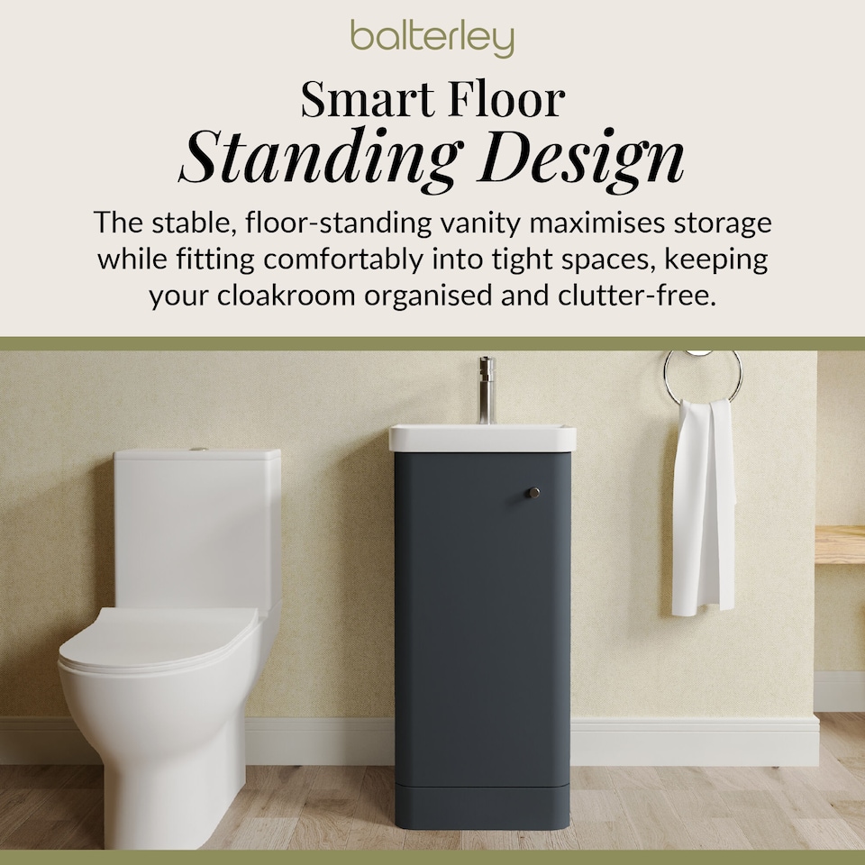 image 1 of Balterley Contemporary Floor Standing 1 Door Bathroom Vanity Unit, Basin, Tap & Toilet Pack | Grey | Satin Soft Black | 814 x 379 x 342mm