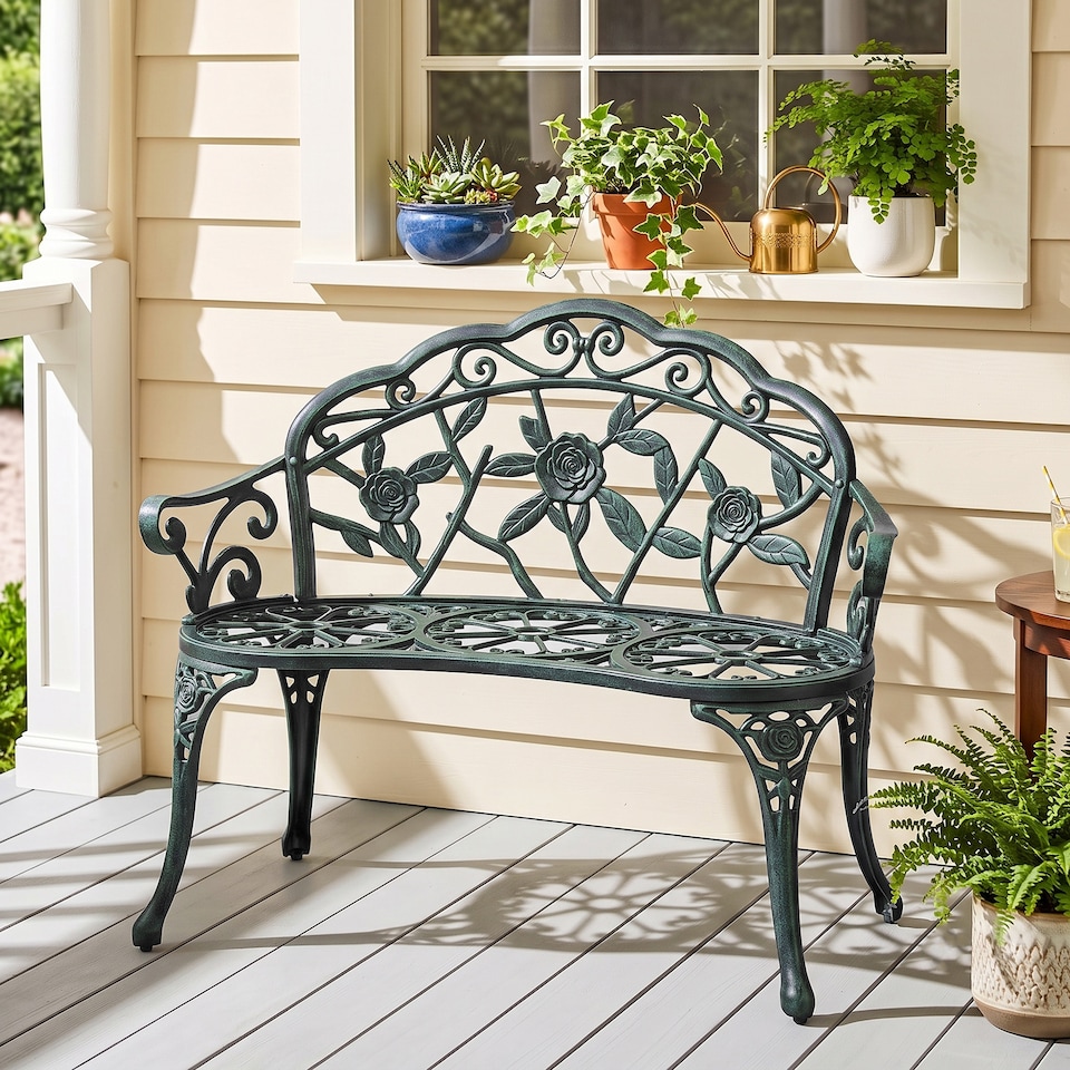 image 1 of Outsunny Garden Bench Porch Park Seat Vintage Rose Style Cast Aluminium | Green | Green