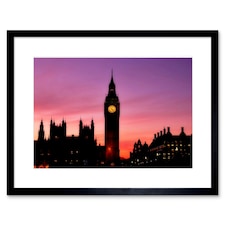Big Ben Clock London England Sunset Sky Cityscape 9x7" Black Framed Wall Art Print