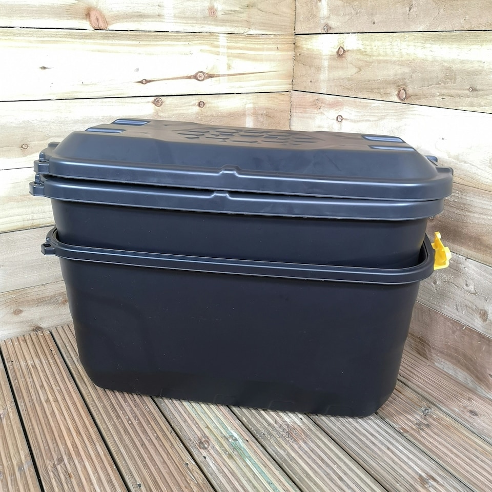 image 1 of 2 x 75L Heavy Duty Trunks on Wheels Sturdy, Lockable, Stackable and Nestable Design Storage Chest with Clips in Black
