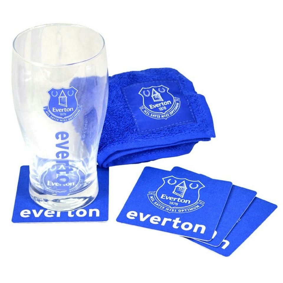 Everton FC Official Wordmark Mini Football Bar Set (Pint Glass, Towel & Beer Mats) - Blue/Clear - One Size