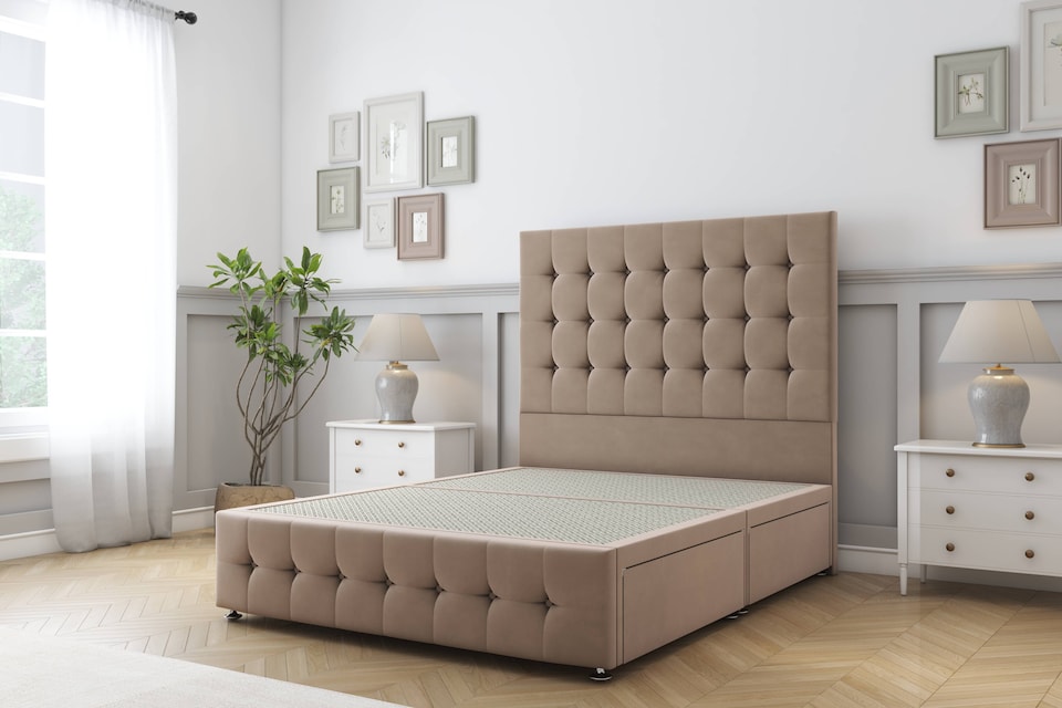 image 1 of Sloomy Berlin Mink Plush Divan Bed Base 2 Drawers Right Side With 26 Inch Strutted Headboard & 12 Inch Matching Footboard | Brown | Mink | Double | 1