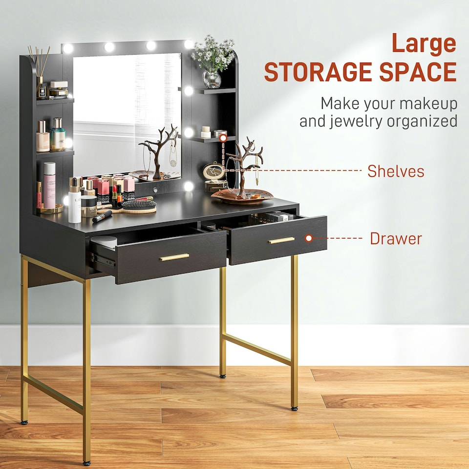 image 1 of HOMCOM Makeup Vanity Desk Set with Lighted Mirror, Stool, Black