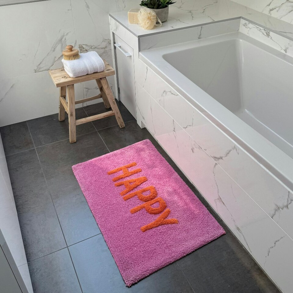 image 1 of Happy Slogan Colourful Bath Mat Non Slip - Soft & Absorbent Pink