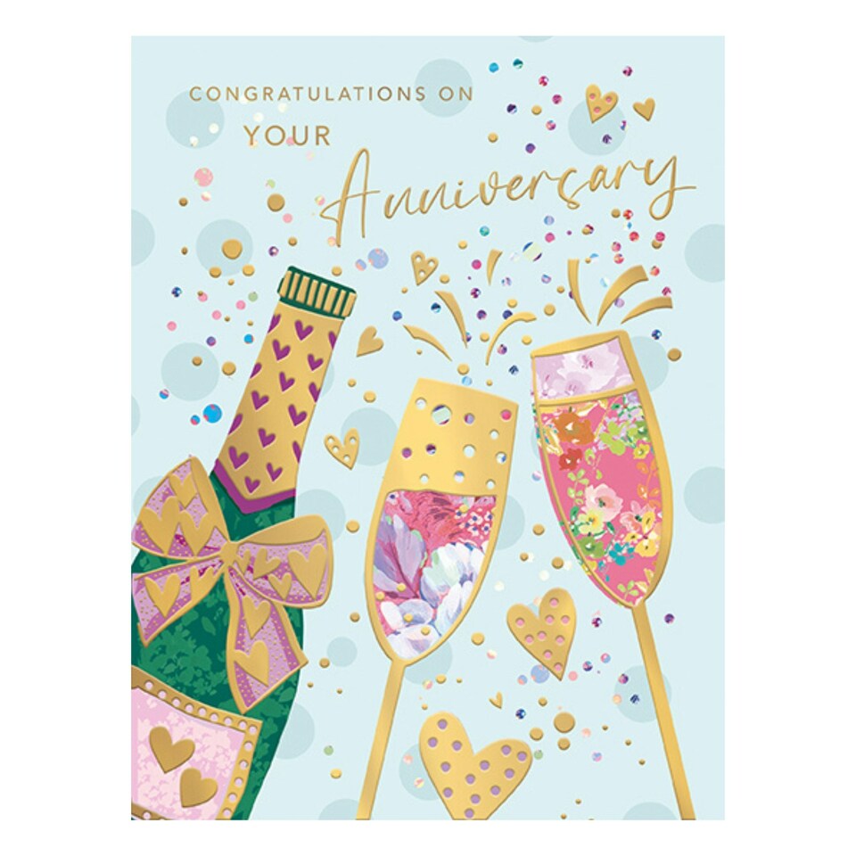 Words 'n' Wishes Your Anniversary Card, Patterned and Foiled Champagne Flutes and Bottle, 19.7 x 15.2 cms, Multi-Coloured
