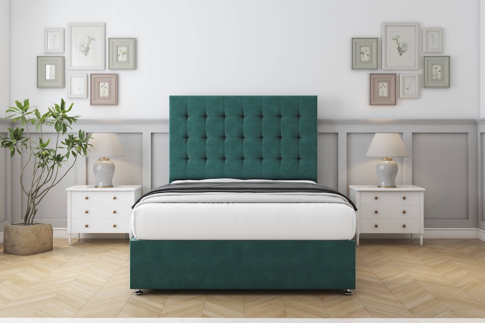 image 1 of Sloomy Alabama Emerald Plush Divan Bed Base 2 Drawers Same Side With 26 Inch Strutted Headboard | Green | Emerald | Single | 1