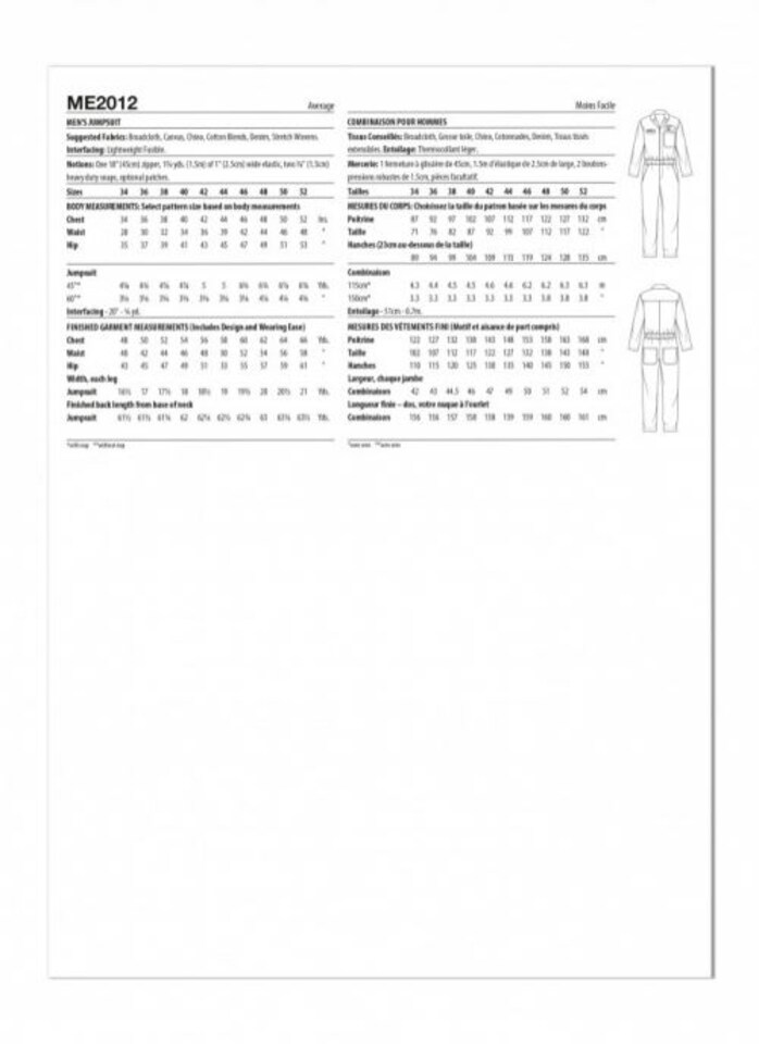 image 1 of Know Me 2012 Paper Sewing Pattern – Men’s Jumpsuit, Sizes Aa (34–36–38–40–42), Intermediate