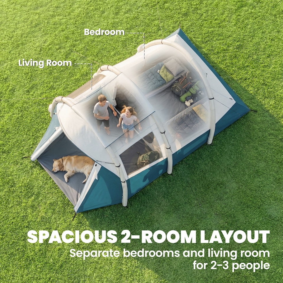 image 1 of Outsunny Inflatable Camping Tent w/ Air Pump, 2-3 Person Blow Up Tent | Green | Green and White | 480 x 280 x 195 cm