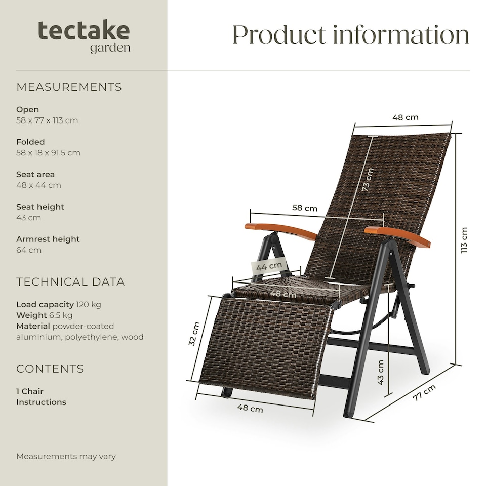 image 1 of Garden Chair Brisbane - 6-way adjustable backrest and footrest, foldable Brown