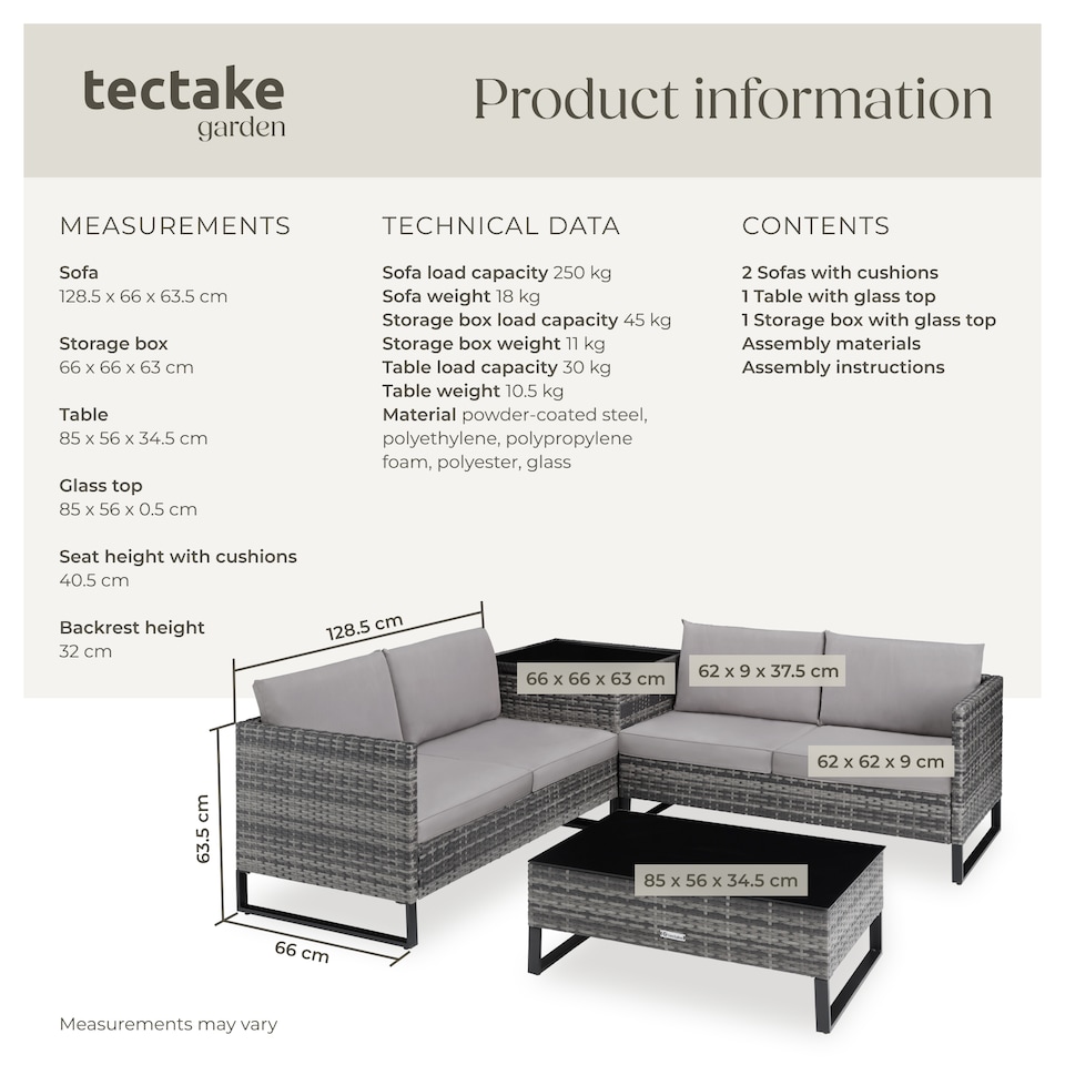 image 1 of Garden Furniture Set Ostuni - for 4 people, large storage box, table, thick cushions | Grey | grey | 128.5 x 66 x 63.5 cm | 1
