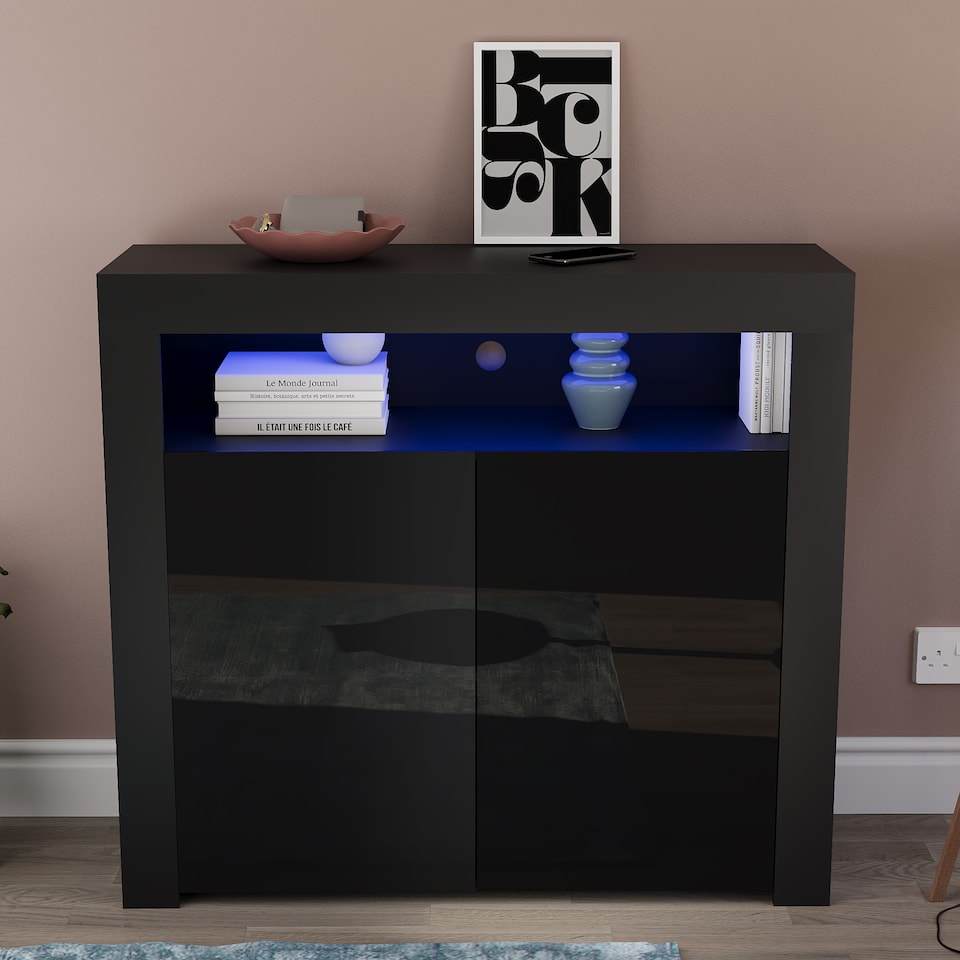 image 1 of Vida Designs Nova 2 Door LED Sideboard Buffet Cabinet Storage - Black | Black | 1