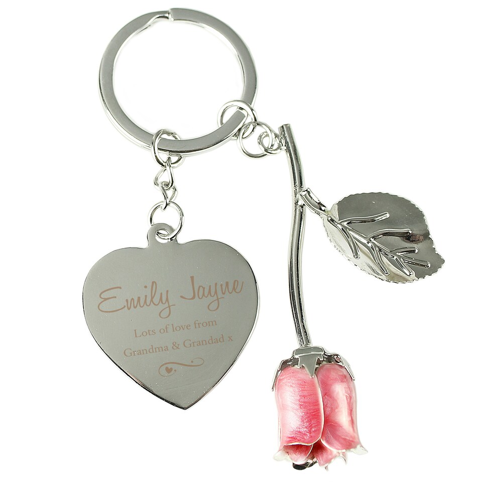 image 1 of Personalised Silver Plated Swirls & Hearts Pink Rose Keyring