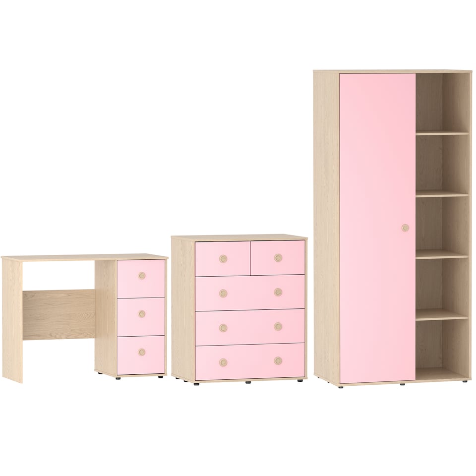 image 1 of Junior Vida Neptune 3 Piece Bedroom Set, Pink & Oak (Desk, Drawer Chest, Wardrobe) | Pink | Pink | L | 3