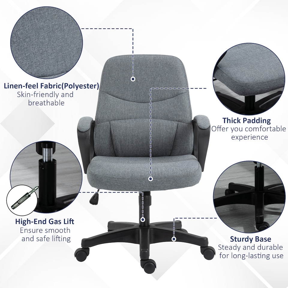 image 1 of Vinsetto Office Chair, Fabric Desk Chair Mid Back Work Study Chair with Massage Lumbar Support, Adjustable Height and Swivel Wheels, Grey