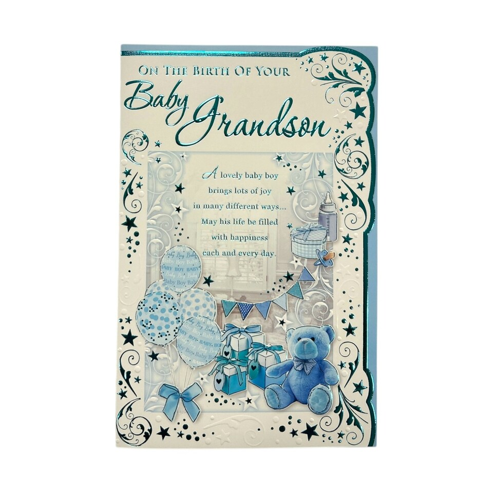 image 1 of On The Birth Of Grandson Blue Balloons And Teddy Design Opacity Congratulations Card