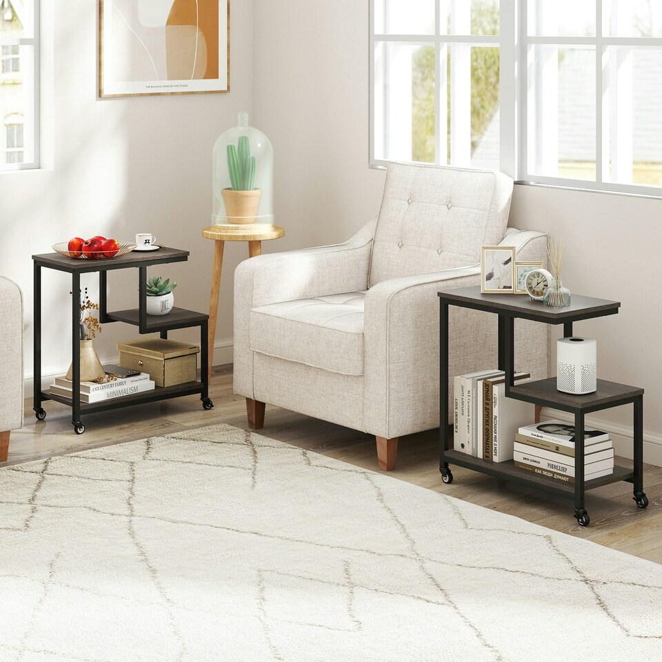 image 1 of COSTWAY G-shaped Side Table 3-Tier Mobile End Table Grey
