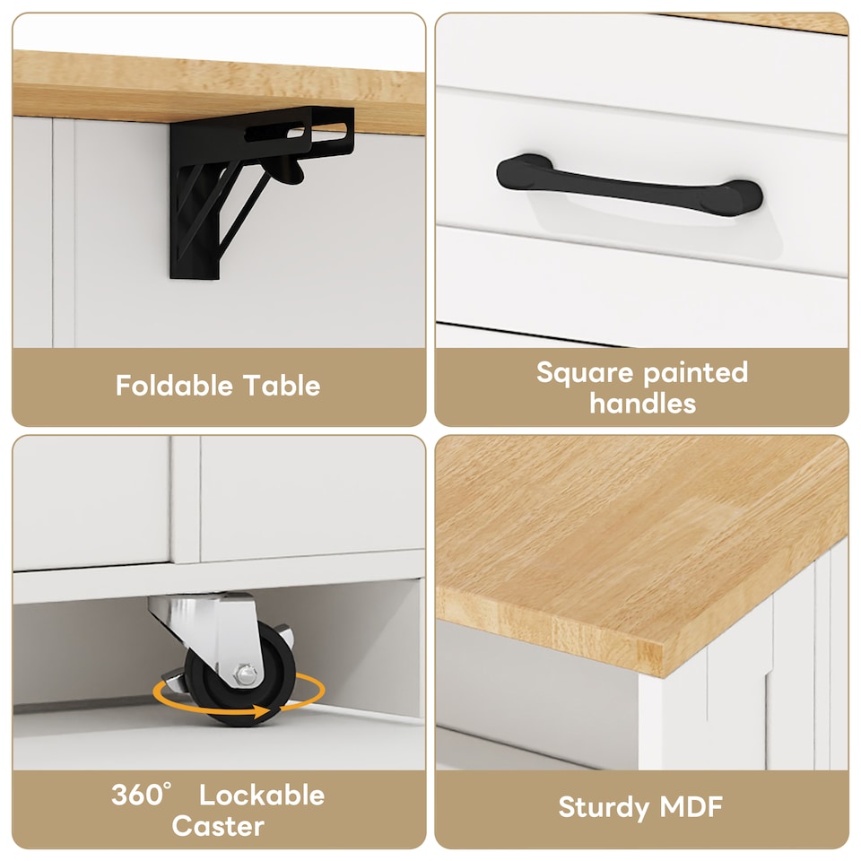 image 1 of VILUXE Mobile Kitchen Island with Foldable Worktop, 2 AC Sockets, 2 USB Ports, Glass Doors, Adjustable Shelves and Lockable Wheels, White and Natural