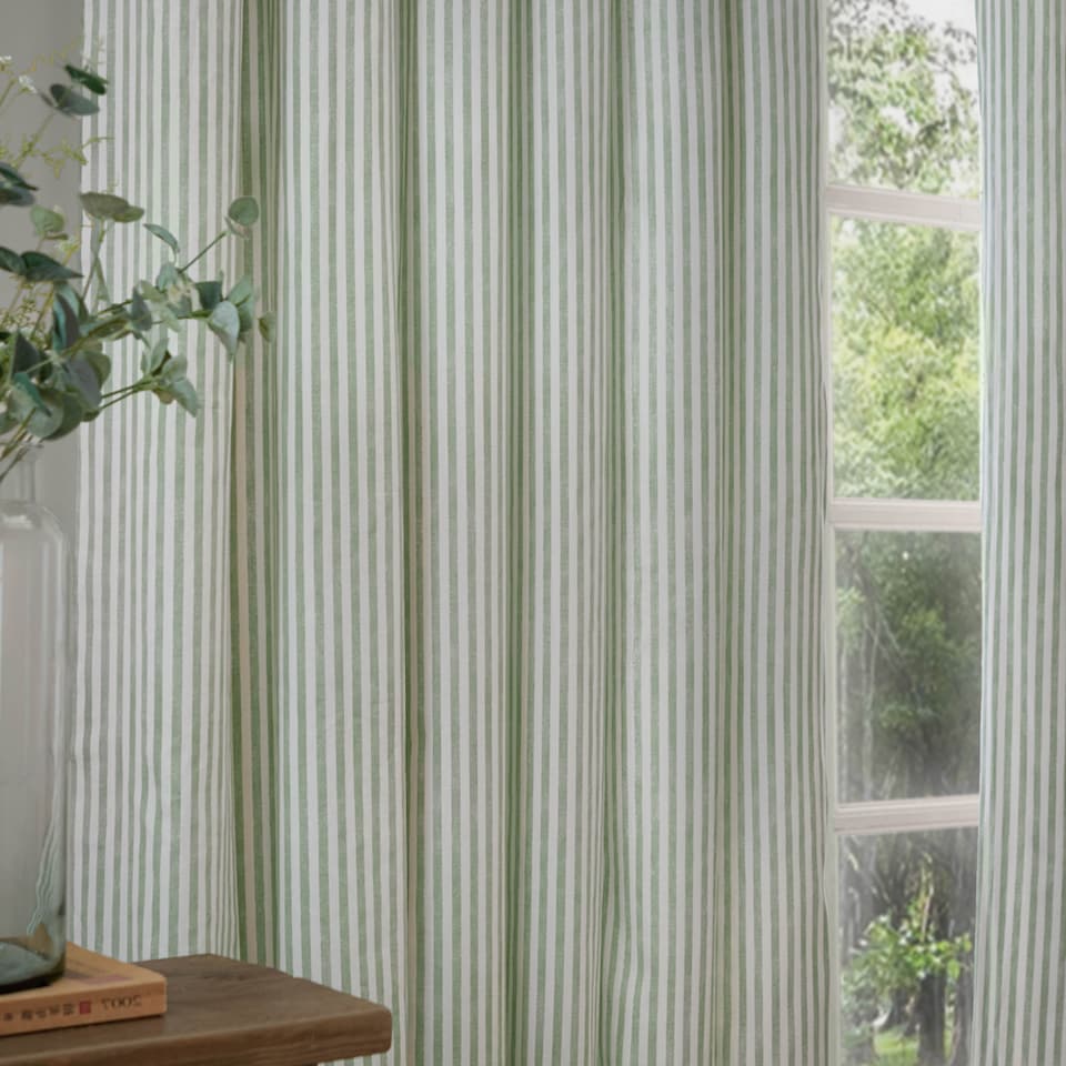 image 1 of Hebden Striped Cotton Eyelet Curtain Pair, 168 x 183cm, Eucalyptus | Green | Eucalyptus