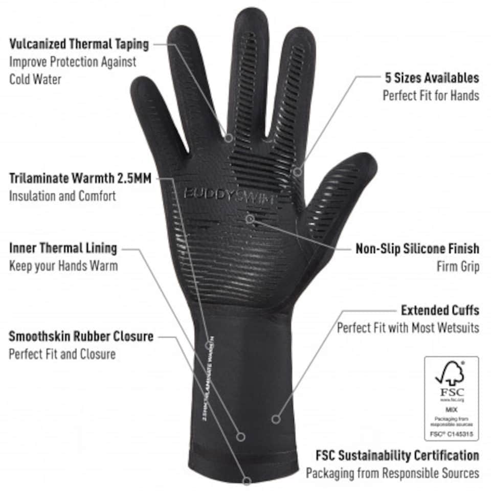image 1 of Buddyswim Neoprene Swim Gloves Trilaminate Warmth 2.5mm Black | Black | X-Large