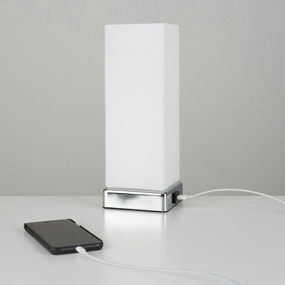 image 1 of ValueLights Lazio Chrome & White Frosted Glass Bedside Touch Table Lamp with USB Charging Port and 5w LED Candle Bulb White