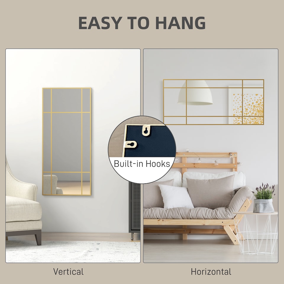 image 1 of HOMCOM Rectangle Wall Mirror, 110  50cm Window Style Vanity Mirror with Metal Frame, Vertical or Horizontal Hanging for Living Room, Bedroom, Entryway, Gold Tone