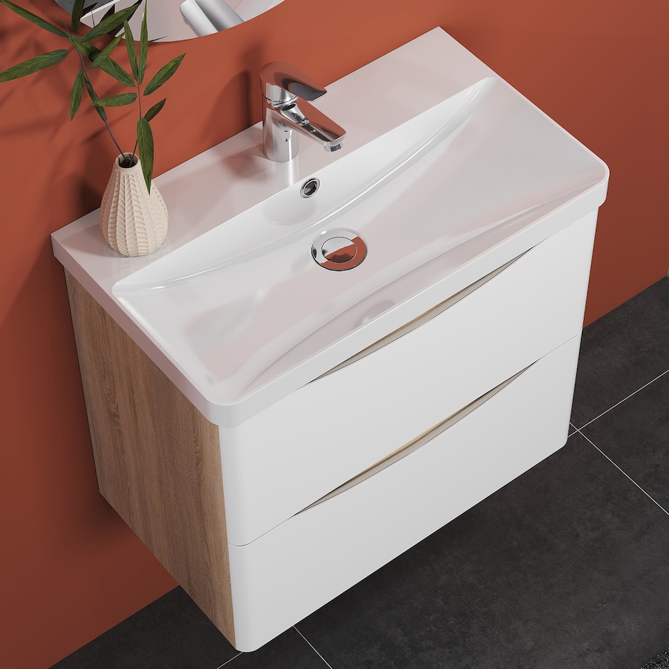 image 1 of AICA 600mm Wall-Hung White Bathroom Vanity Unit With Integrated Sink,2 Soft-Close Drawers for Storage