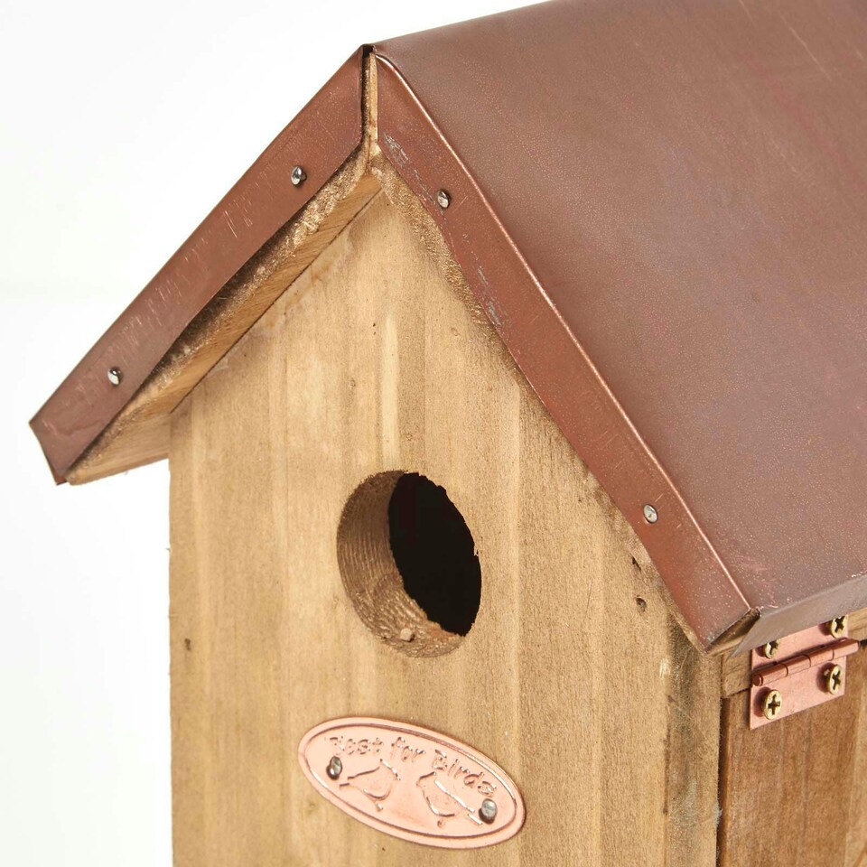 image 1 of Homescapes Real Wood Bird Box House with Copper Roof Brown