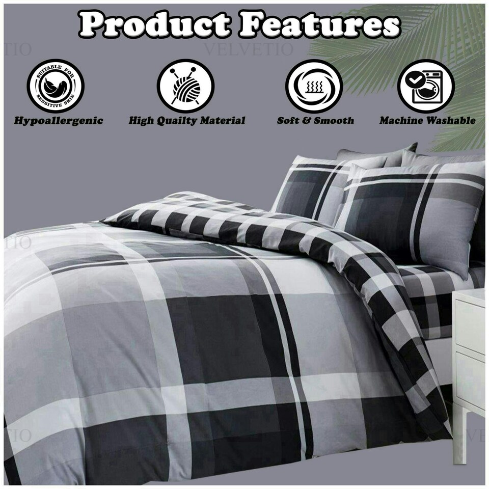 image 1 of VELVETIO Waverly Check Duvet Cover Set Reversible Polycotton Easy Care Beddings Purple | King