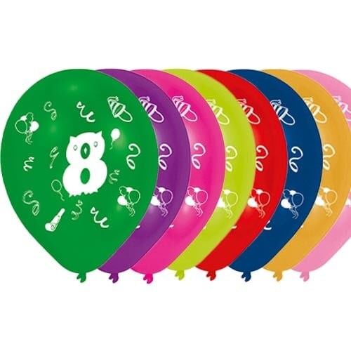 Age 8 Two-Sided Print Assorted Latex Balloons 25cm / 10 in - Pack of 8