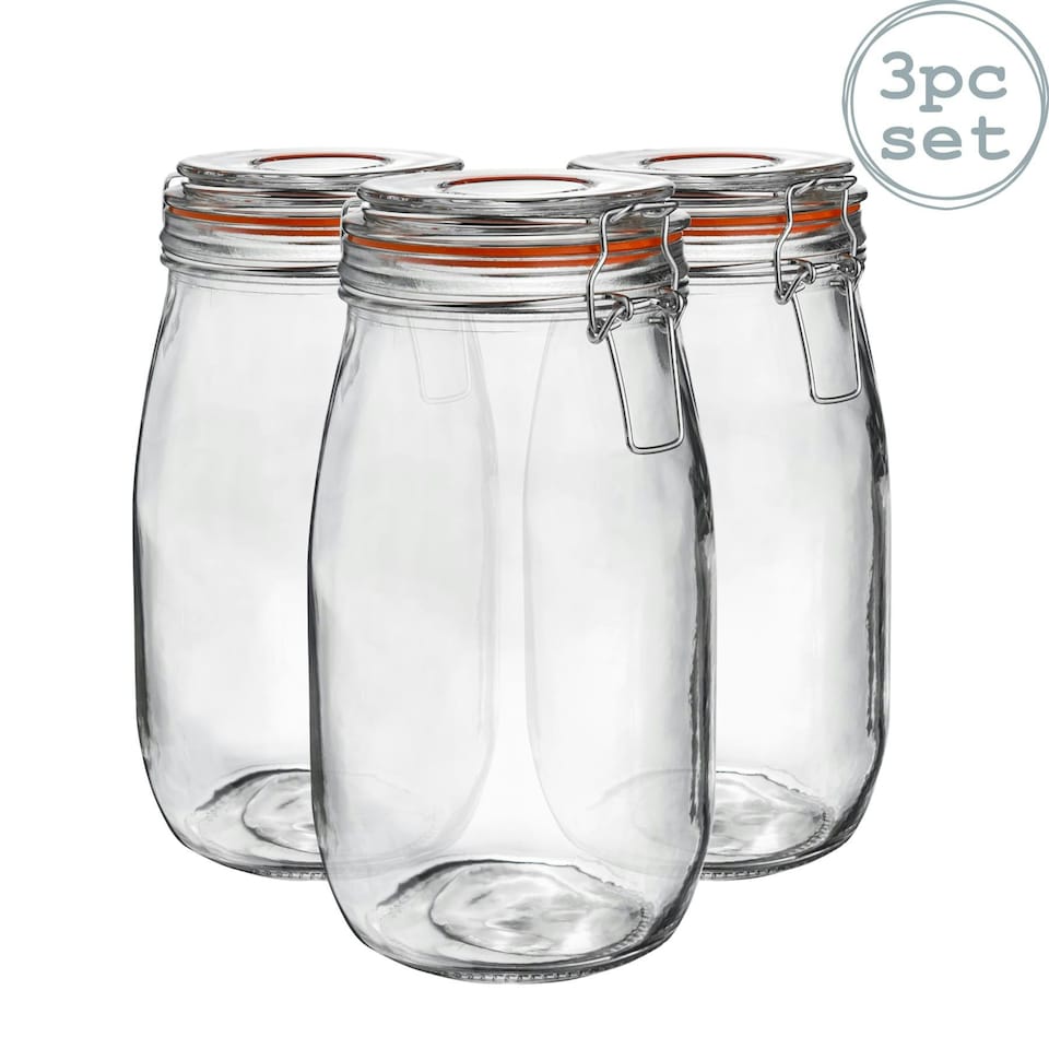 image 1 of Argon Tableware 3x Glass Storage Jars - 1.5 Litre - Orange Seal - Clip Top Storage Jar Kitchen Jair Preserving Jar Kitchen Storage Jar