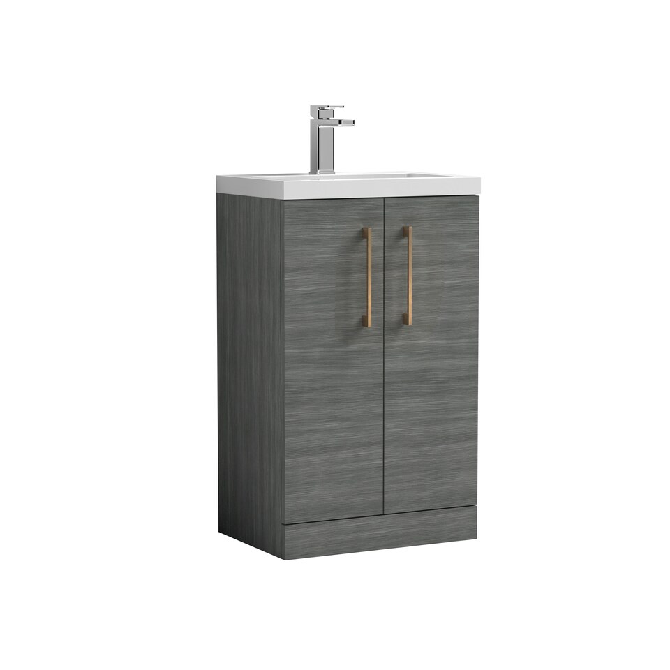 image 1 of Balterley Level Compact Bathroom Cloakroom Vanity Basin Unit with Ceramic Basin, Handles | Grey | Grey Woodgrain | 840 x 510 x 360mm