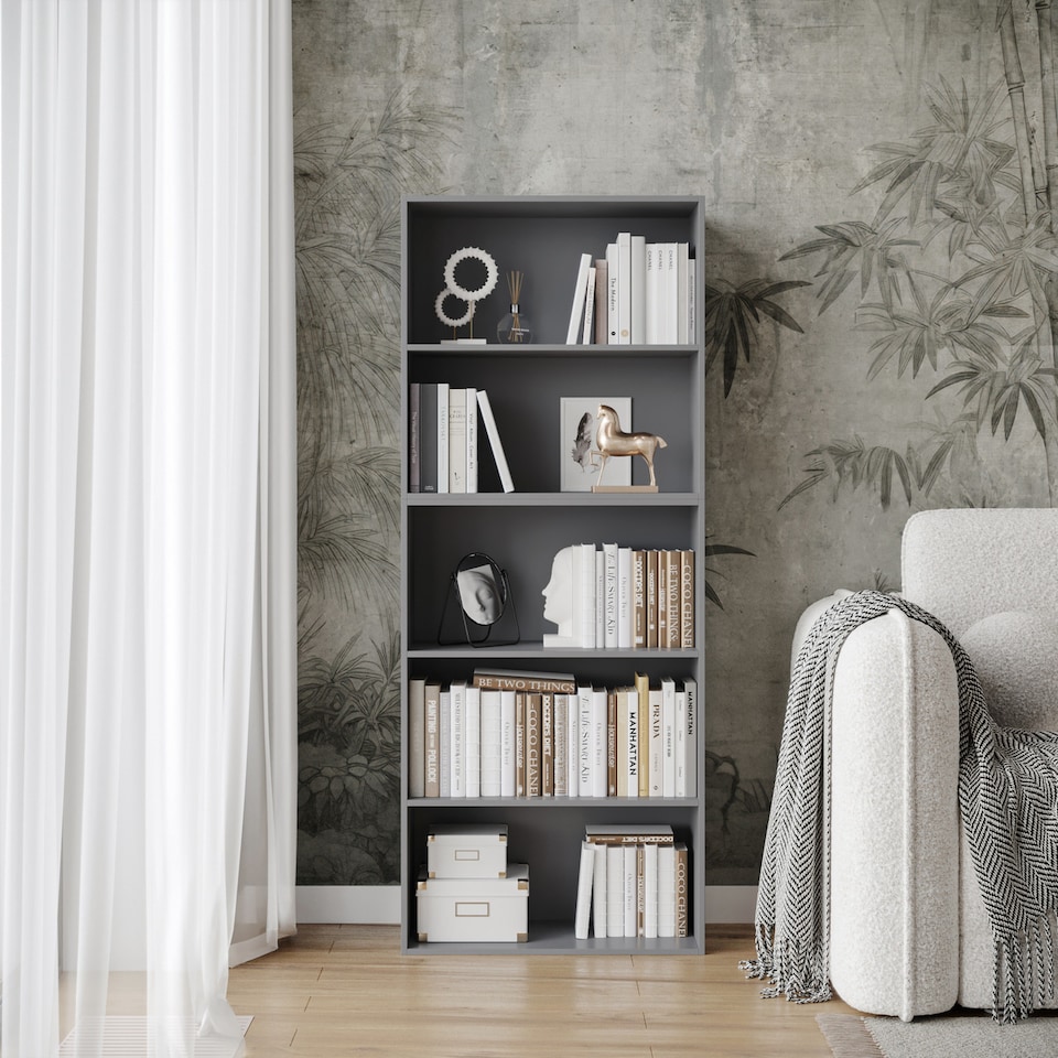 image 1 of Wide 5-Tier Bookcase | Grey | 1