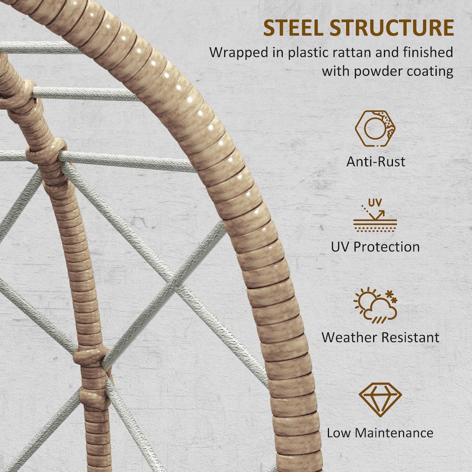 image 1 of Outsunny Rattan Egg Chair Outdoor Indoor Wicker Chair with Thickened Cushion and Headrest, Standing Garden Egg Chair with Cup Holder, Metal Frame for Patio, Balcony, Brown | Brown