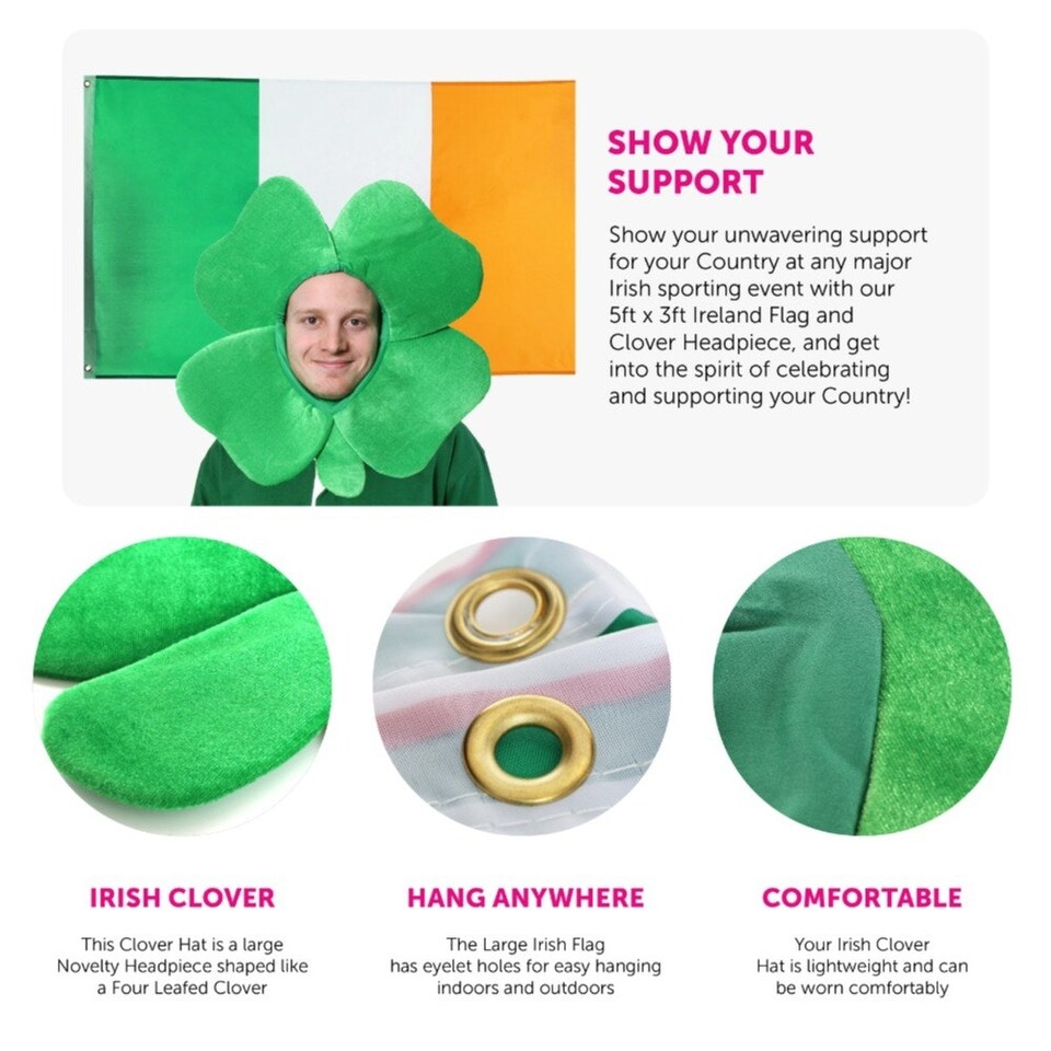 image 1 of Ireland 3x5 ft Flag & Clover Hat Green | One Size