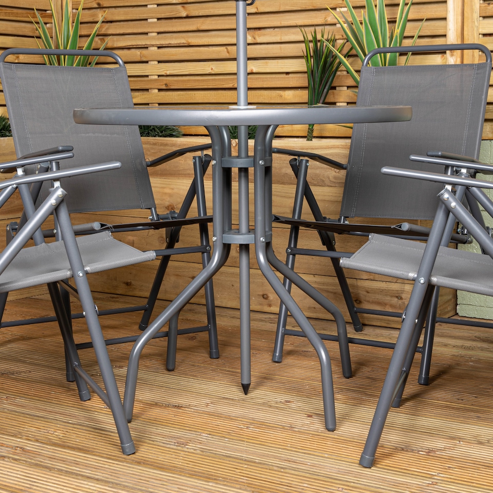 image 1 of Samuel Alexander Outdoor 4 Seater Round Glass Top Table and Chairs Patio Set with Parasol in Grey