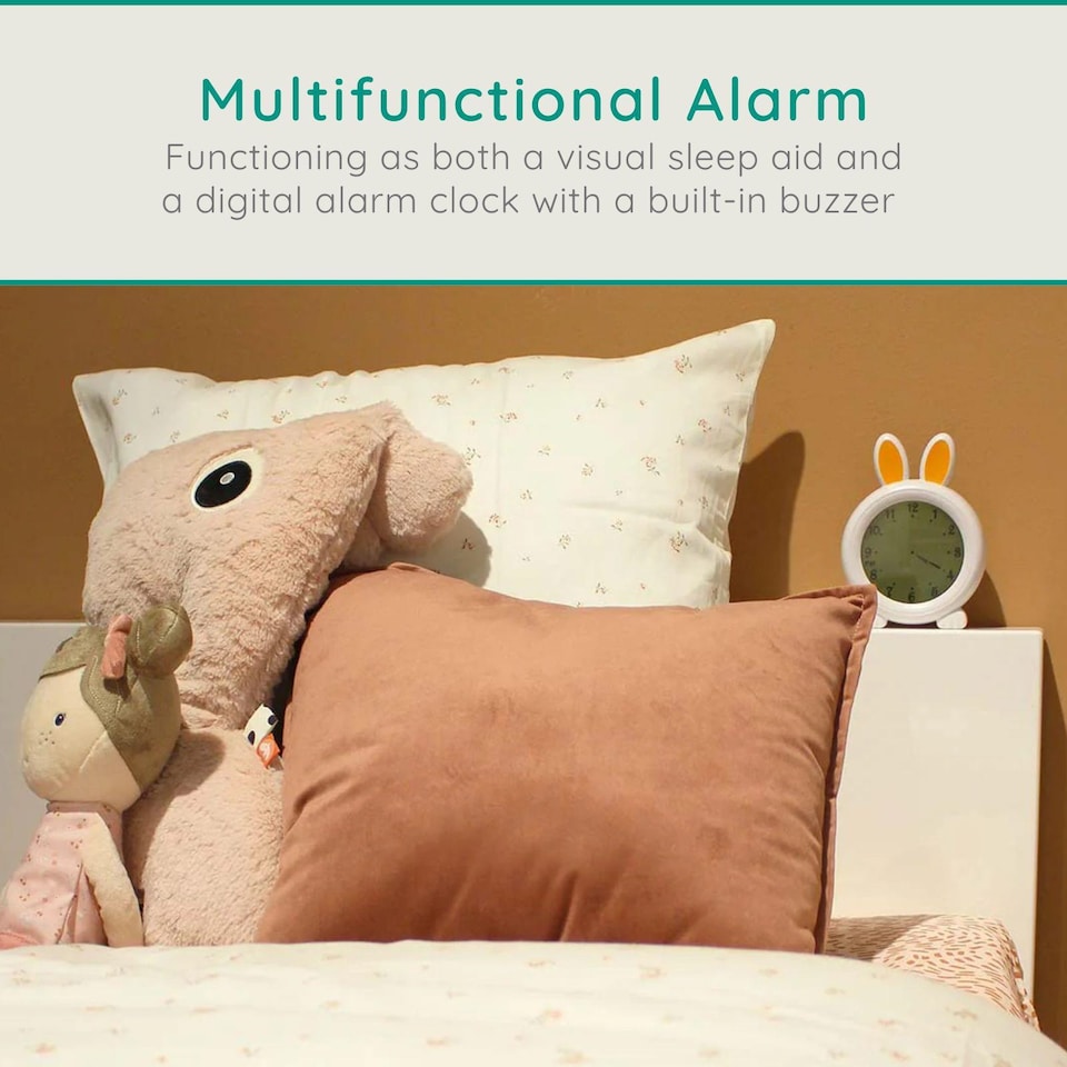 image 1 of Alecto BC-100 Bunny Sleep Trainer for Kids, Day & Night Clock, Blue Moon & Orange Sun Display, Rechargeable, Night Light, Alarm Function